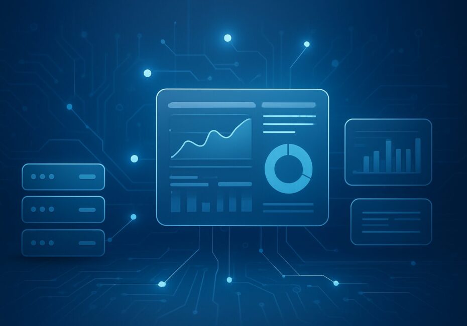 Abstract representation of a digital interface with graphs and servers symbolizing interactive digital entertainment exp