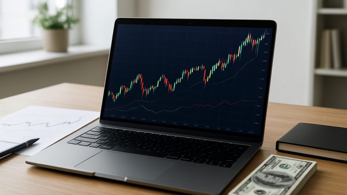 A laptop on a wooden desk displaying a stock market chart with a stack of dollar bills nearby.