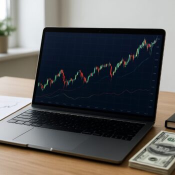 A laptop on a wooden desk displaying a stock market chart with a stack of dollar bills nearby.