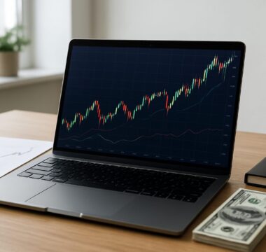 A laptop on a wooden desk displaying a stock market chart with a stack of dollar bills nearby.
