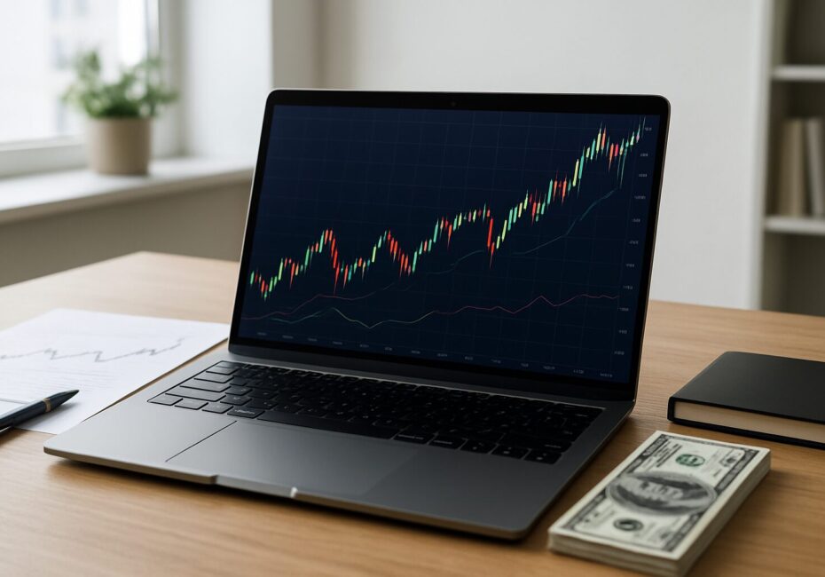 A laptop on a wooden desk displaying a stock market chart with a stack of dollar bills nearby.