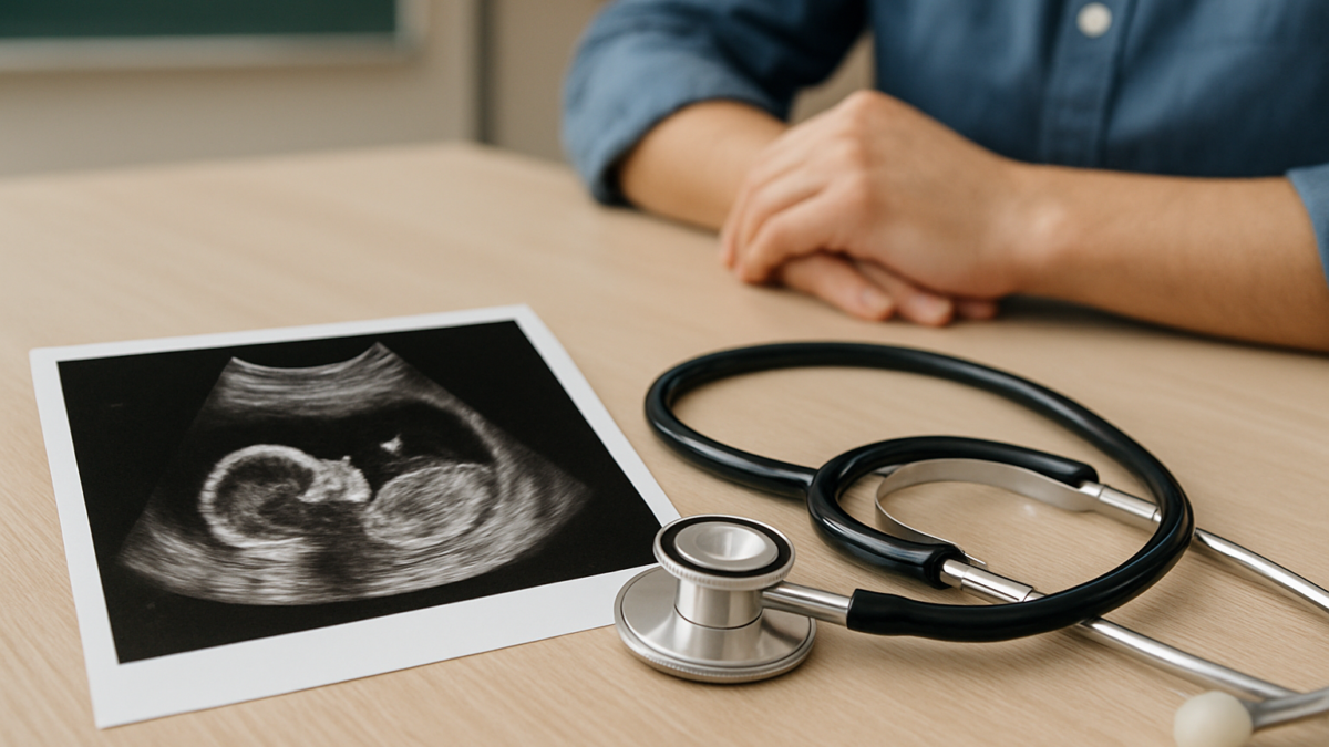 Ultrasound image of a fetus next to a stethoscope on a wooden table