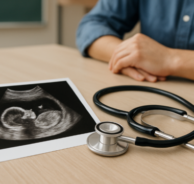 Ultrasound image of a fetus next to a stethoscope on a wooden table