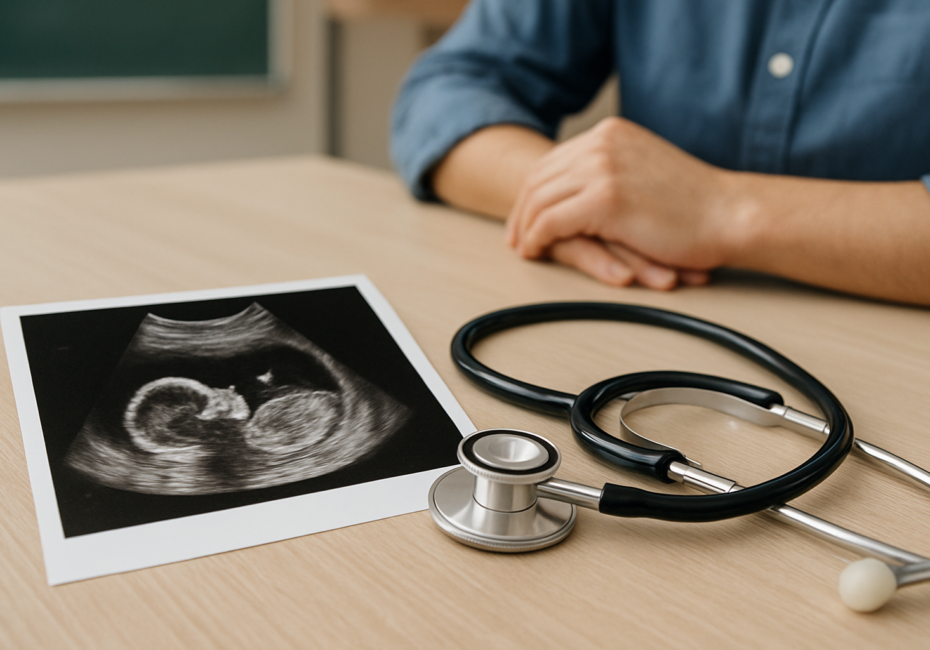 Ultrasound image of a fetus next to a stethoscope on a wooden table