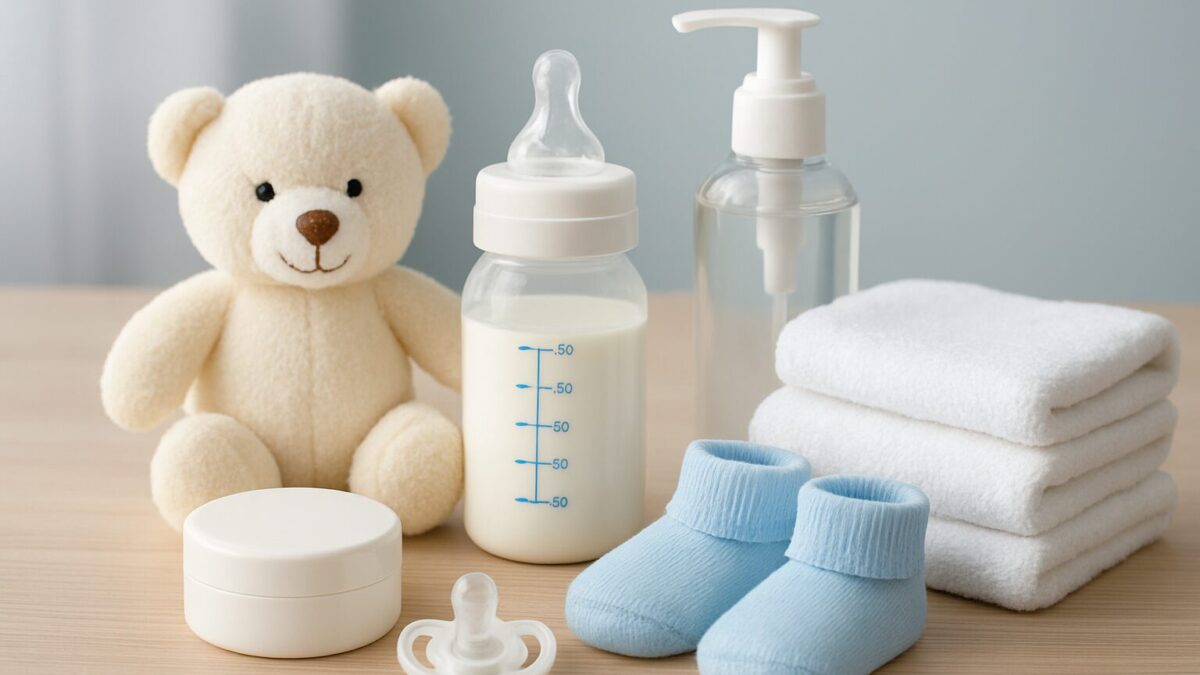 a collection of baby care items including a bottle, pacifier, baby clothes, and a teddy bear on a wooden surface