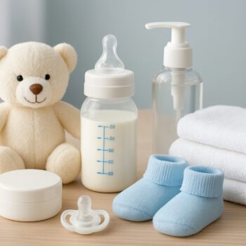 a collection of baby care items including a bottle, pacifier, baby clothes, and a teddy bear on a wooden surface