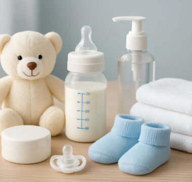 a collection of baby care items including a bottle, pacifier, baby clothes, and a teddy bear on a wooden surface