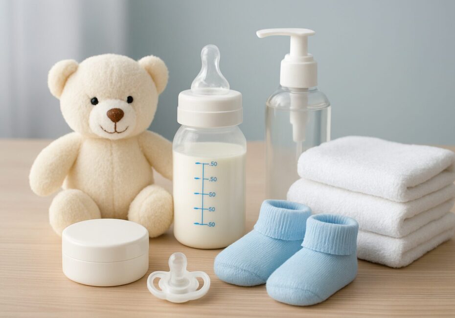 a collection of baby care items including a bottle, pacifier, baby clothes, and a teddy bear on a wooden surface