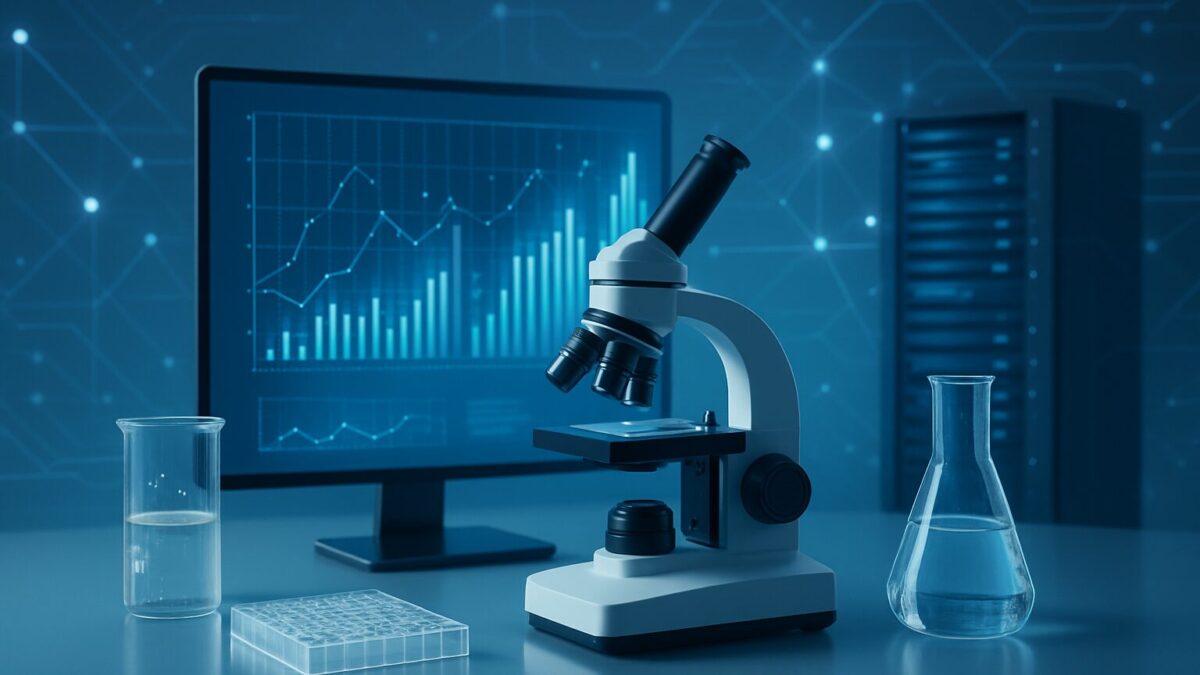 Laboratory setup featuring a microscope, beakers, and a computer displaying data graphs