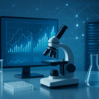 Laboratory setup featuring a microscope, beakers, and a computer displaying data graphs
