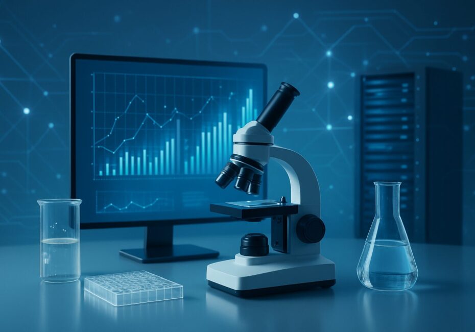 Laboratory setup featuring a microscope, beakers, and a computer displaying data graphs